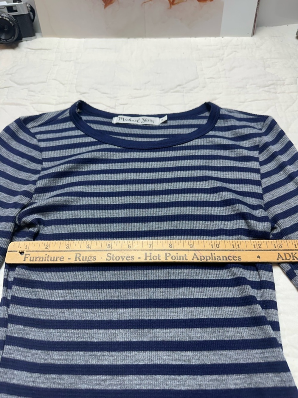 Y2K Michael Stars Stripe Knit Tee | Navy Gray Fitted Minimalist Long Sleeve - Picture 8 of 11
